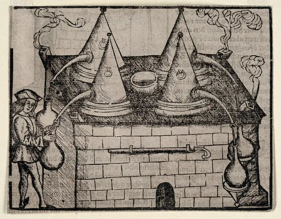 Historical engraving of an apothecary drawing liquid from a simple distillation apparatus