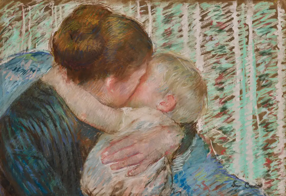 Painting of a mother holding a small child close in an embrace