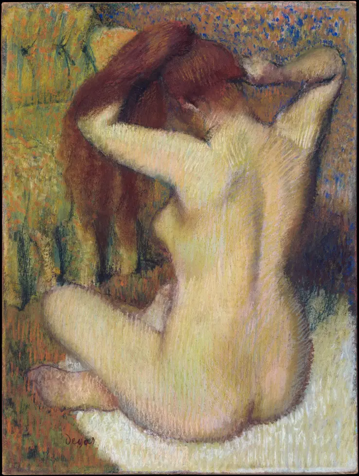 Painting of a seated woman combing her long hair