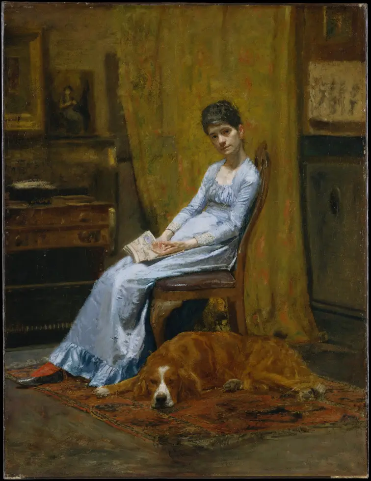Painting of a woman seated in a domestic interior with a setter dog lying at her feet