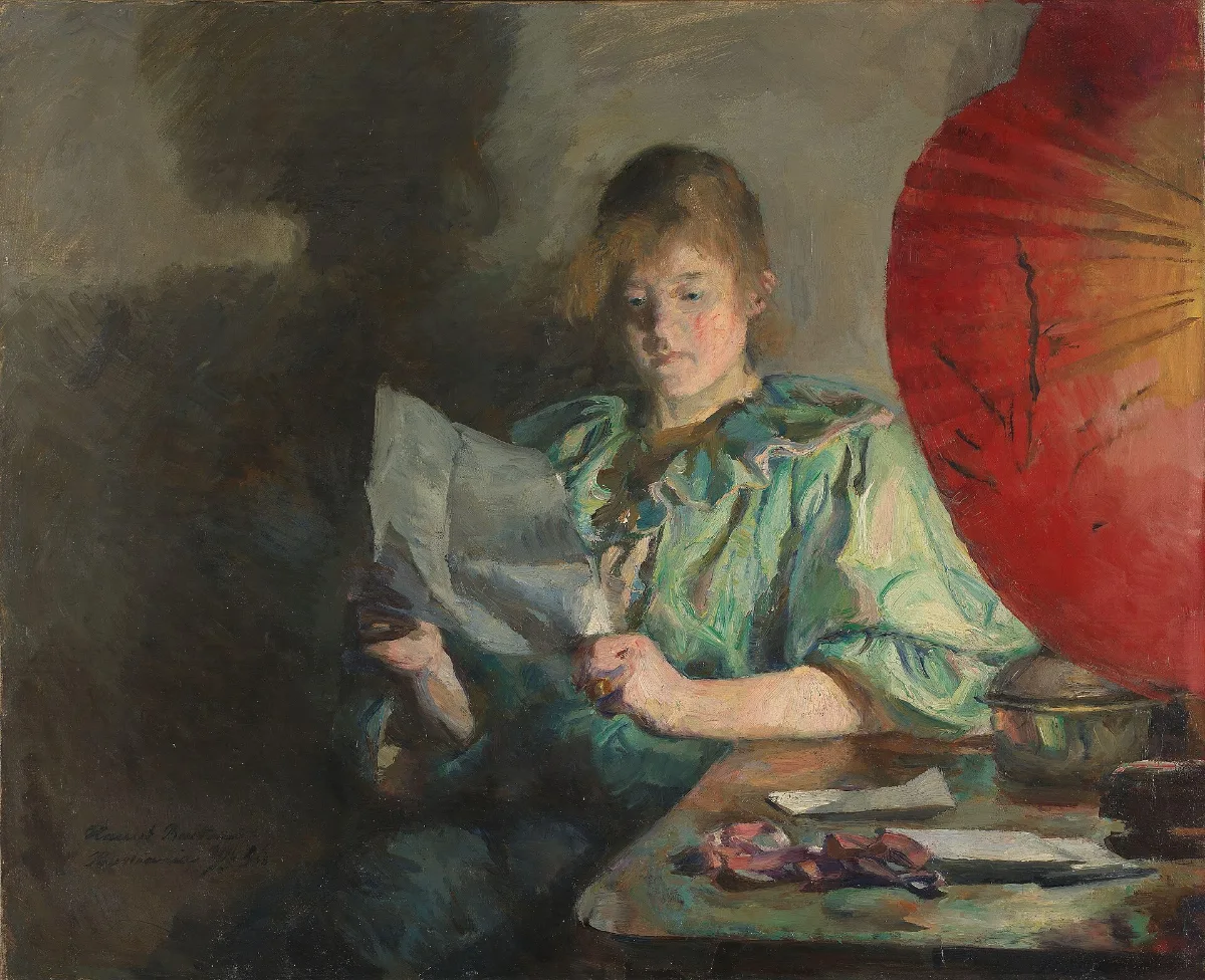 Painting of a dimly lit domestic interior in the evening, a woman seated near a window