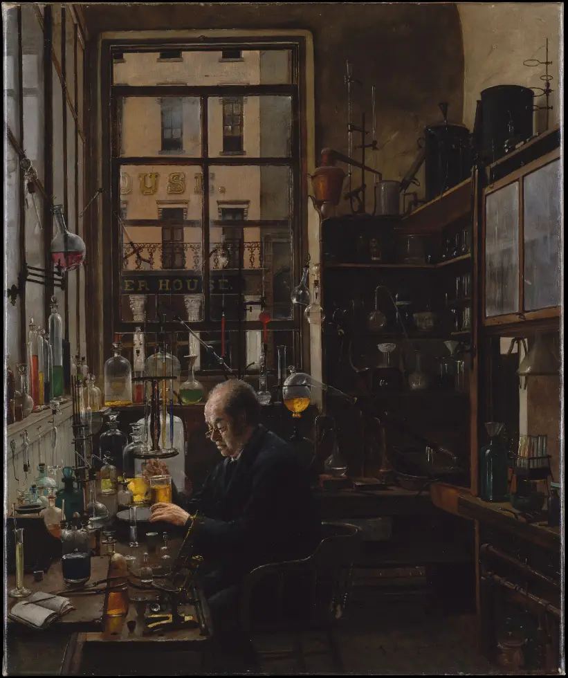 Painting of a chemist working at a bench crowded with glass flasks and bottles
