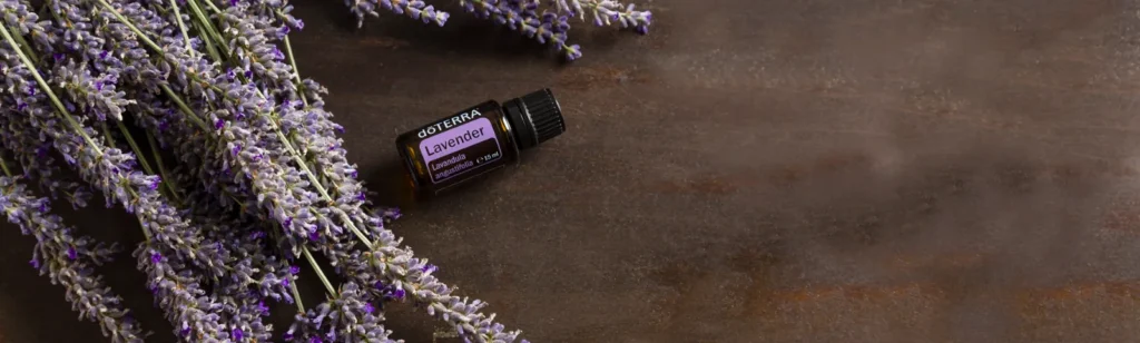 Lavendelfeld mit einer Flasche doTERRA Lavender 15 ml